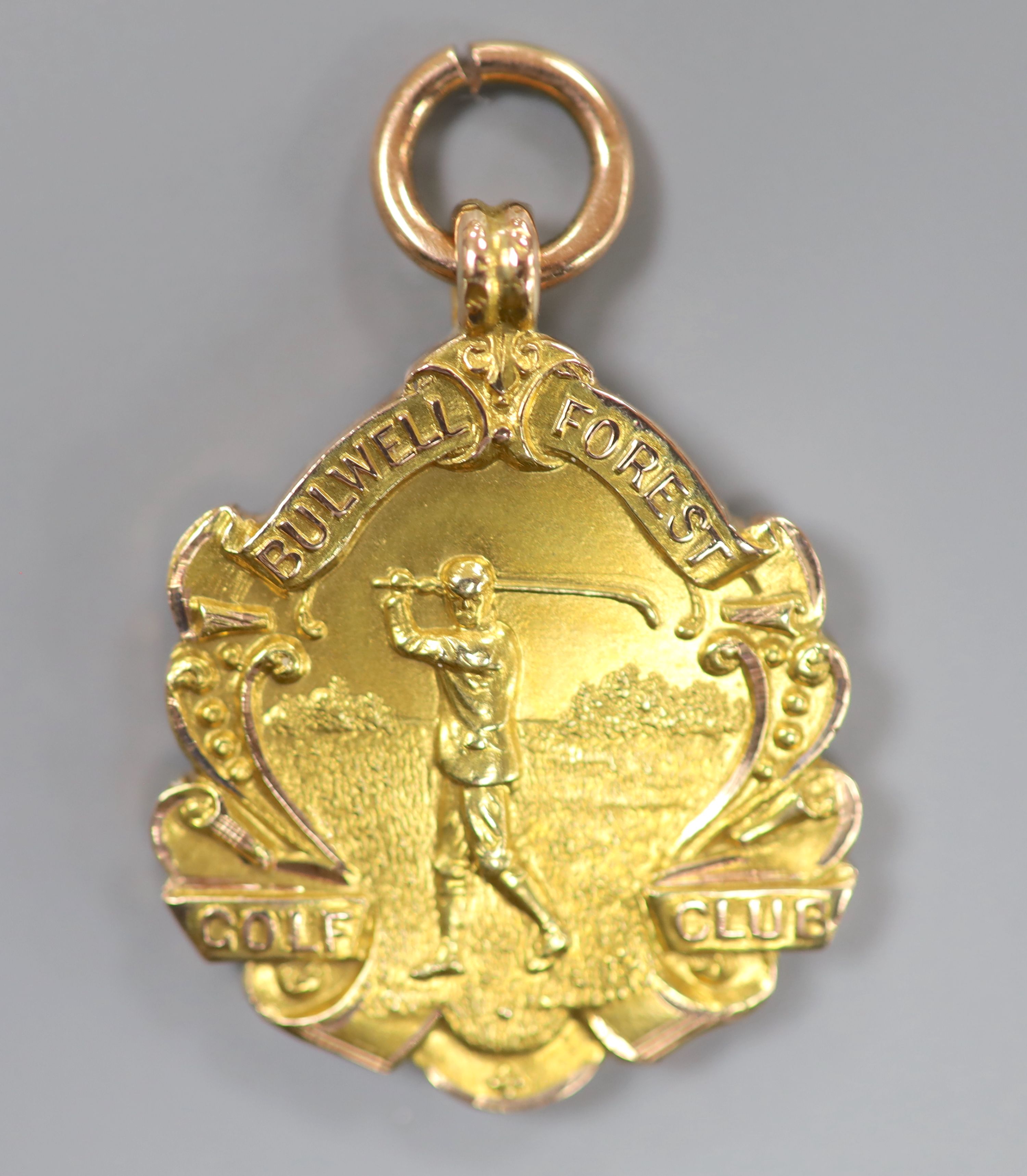A cased George V Bulwell Forest Golf Club two colour 9ct gold presentation medal, Vaughton & Sons, Birmingham, 1921,